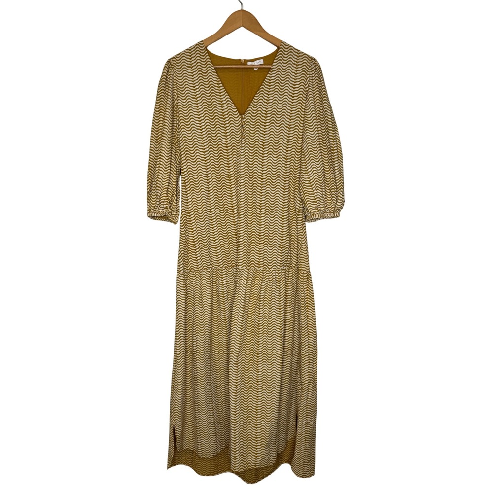 Anna Cate Tan Wavy Chevron Midi Dress V-Neck Puff Sleeve Womens Size S